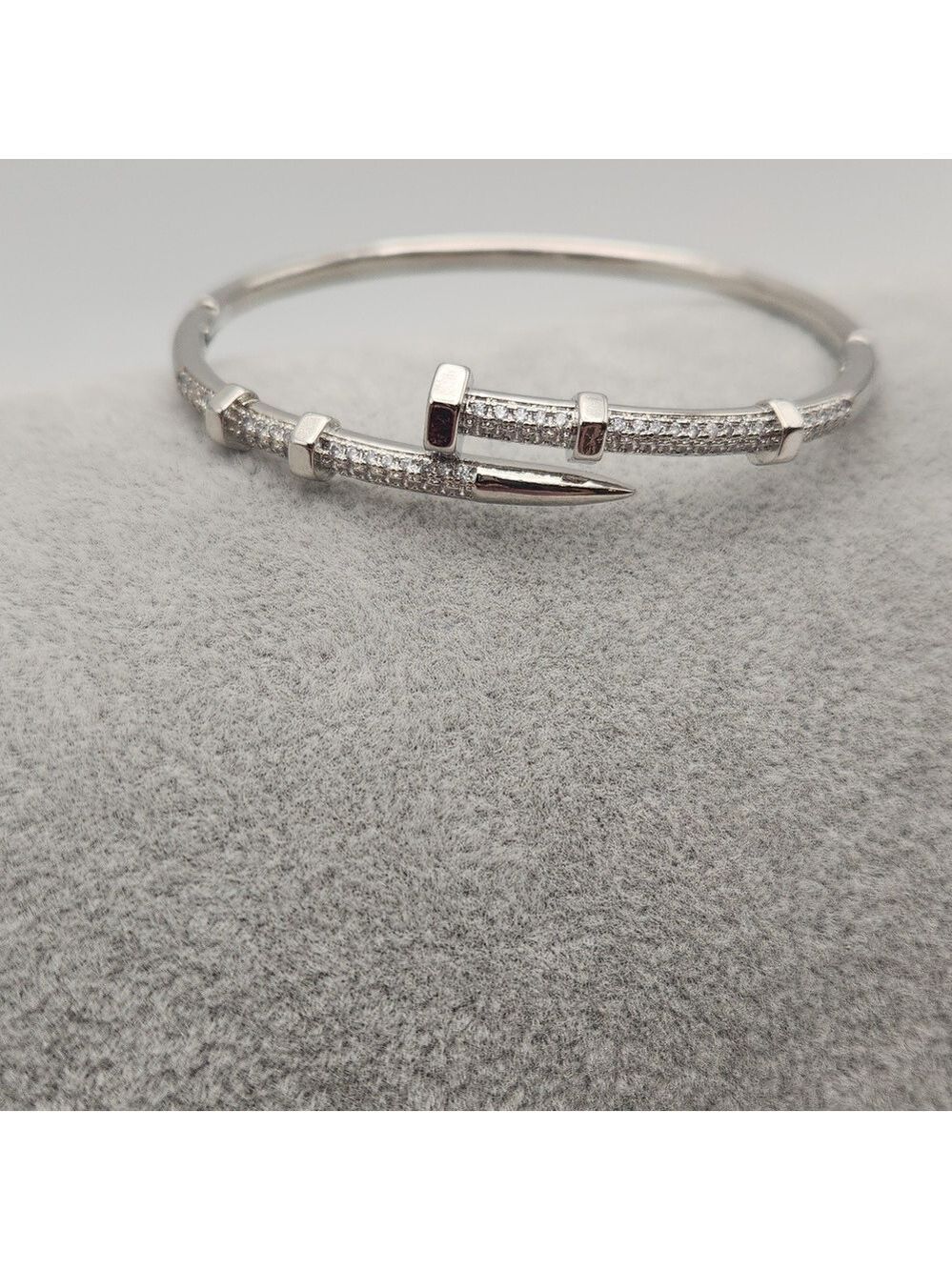 Silver Tone Pavé Nail Bracelet | Zircon Accents | Sleek Modern Statement Jewelry